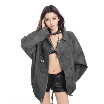 秋季美式重磅灰色翻領PU皮衣夾克女春秋款oversize金屬扣設計外套