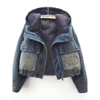 復古時尚牛仔拼接連帽加厚服短款兩穿冬季新款保暖外套麵包服潮女