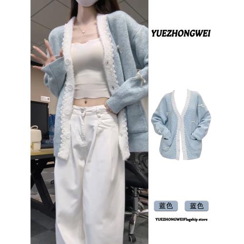 小香風藍色蝴蝶結毛衣開衫女秋冬季加厚寬松慵懶風中長款針織外套