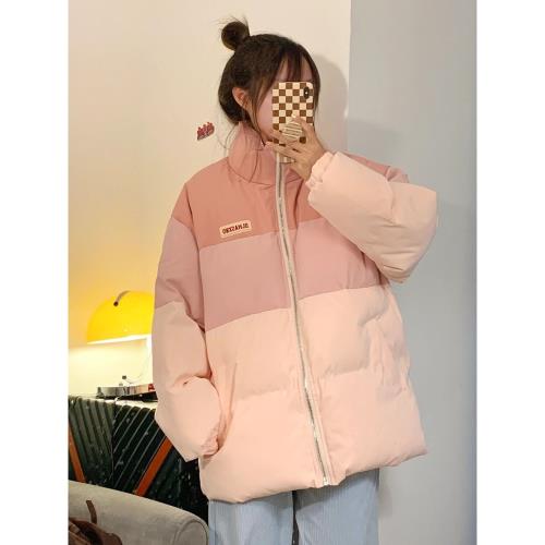 撞色拼接羽絨棉服女短款2024冬小個子加厚寬松立領面包服學生外套