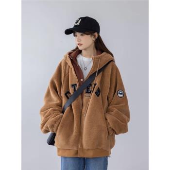 雙面穿羊羔毛外套女冬季2024新款加厚棒球服美式復古連帽夾克棉服