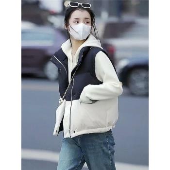 立領加厚拼色羽絨馬甲女2024春新款寬松小個子白鴨絨馬夾背心外套