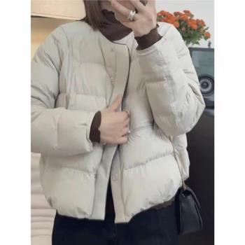 冬季時尚簡約圓領短款羽絨服外套女2024新款加厚保暖百搭麵包服