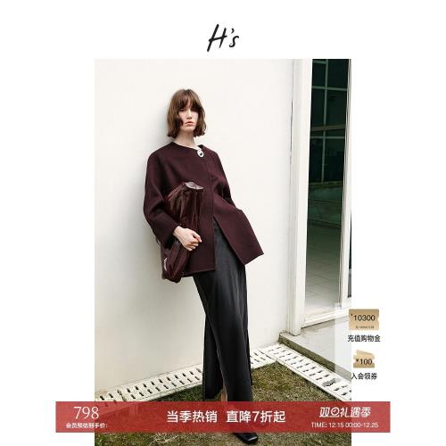 HS安可拉紅高級感無領雙面呢大衣2024冬季新品女裝100%綿羊毛外套