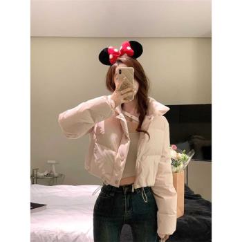 粉色短款羽絨服女冬季新款時尚小個子加厚保暖麵包服輕薄棉衣外套