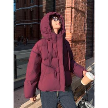 MJAE SRPKY安可拉紅連帽羽絨服女冬季小個子保暖加厚白鴨絨短外套