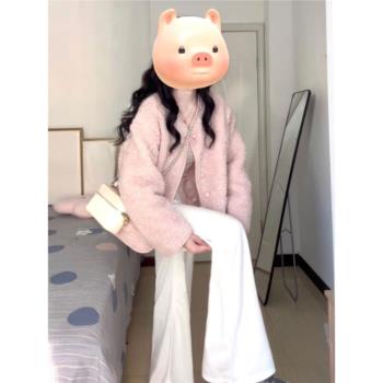 減齡漂亮洋氣韓系今年流行爆款外套軟糯粉色加厚羊羔毛短款上衣冬