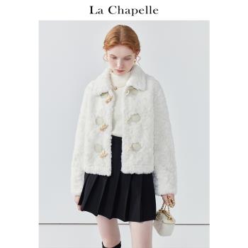 拉夏貝爾/La Chapelle翻領牛角扣毛毛外套女減齡加厚保暖上衣冬季