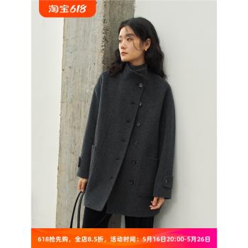 深黑灰色立領短款綿羊毛駱駝絨雙面呢大衣女秋冬款小個子呢子外套