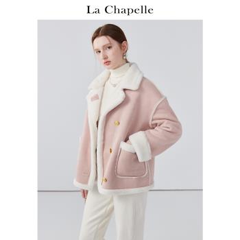 拉夏貝爾/La Chapelle復古立領金扣皮毛一體外套女加厚皮夾克冬季