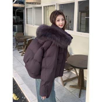 MJAE SRPKY大毛領醬紫色短款羽絨服女冬季小個子高階感麵包服外套