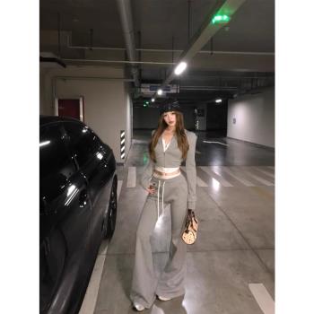 蕾絲拼接套裝女設計感連帽衛衣外套秋季運動微喇叭褲長褲子兩件套