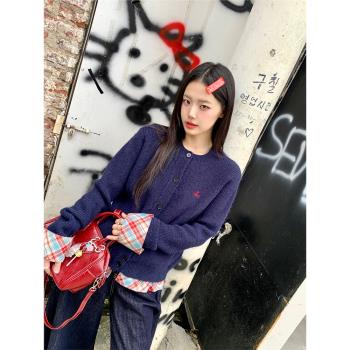小仙倪子復古拼接針織衫女春秋新款小香風氣質開衫外套藏藍色上衣