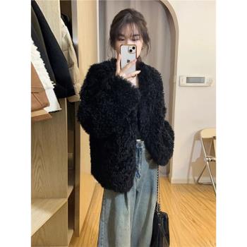 黑色羊羔毛外套女冬2024新款高階皮毛一體加厚毛絨短款上衣小個子