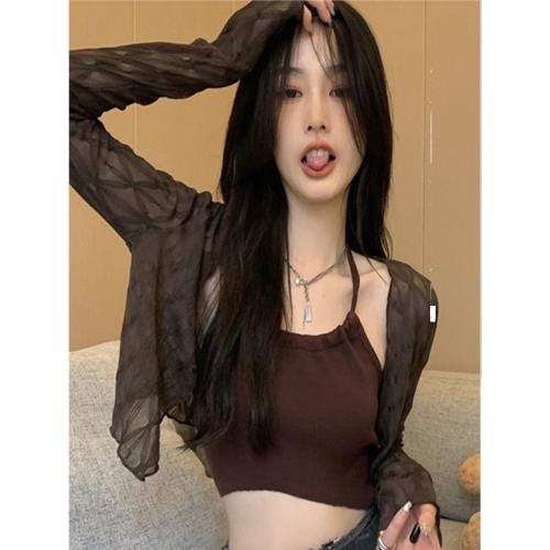 配吊帶連衣裙外搭薄紗小披肩女夏季冰絲防曬開衫薄款蕾絲坎肩外套