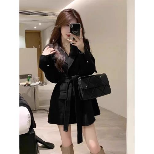 小香風黑色毛呢外套女2025秋冬新款小個子收腰加厚中長款呢子大衣
