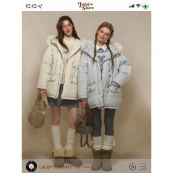 LOLOL ® 24FW 90白鴨絨中長款羽絨服女冬季新款大毛領牛角扣外套