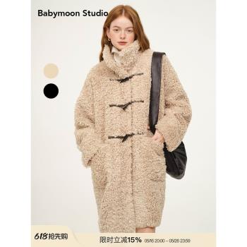 Babymoon 牛角扣保暖羊羔絨圈圈毛外套中長款寬松大衣冬季穿搭女