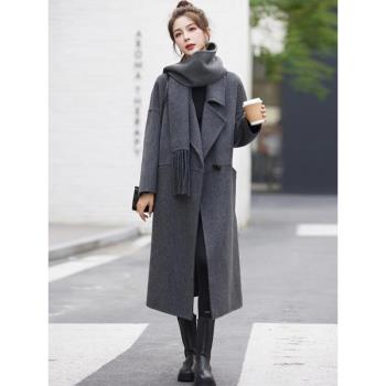 大翻領雙面羊絨大衣女2024秋冬裝新款高階加厚長款羊毛呢圍巾外套