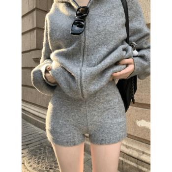 灰色連帽拉鏈針織開衫外套女秋氣質小個子慵懶風寬松顯瘦長袖上衣