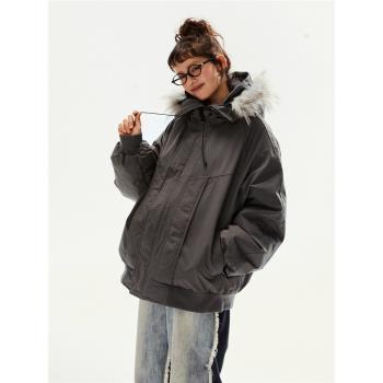 EZEK美式復古毛領連帽工裝棉服外套女加厚保暖派克服寬松棉衣棉襖