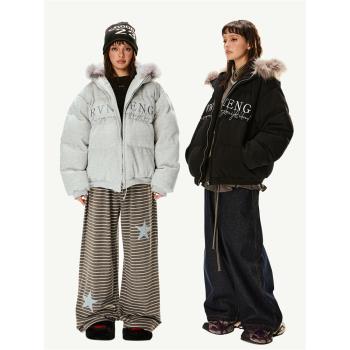 EZEK美式復古毛領連帽加厚保暖棉衣棉服女冬季新款寬松麵包服外套