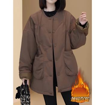 高階感加厚夾棉棉服女冬季2024新款大碼胖mm時尚保暖棉衣棉襖外套
