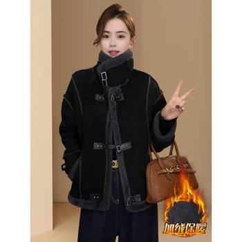 皮毛一體羊羔絨外套女秋冬2024新款美拉德機車服夾克加絨加厚大衣