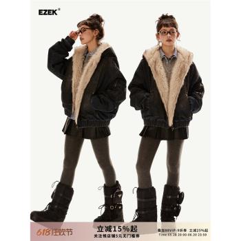 EZEK美式復古毛茸茸棉服外套女高級感加絨加厚工裝夾克毛毛棉衣潮