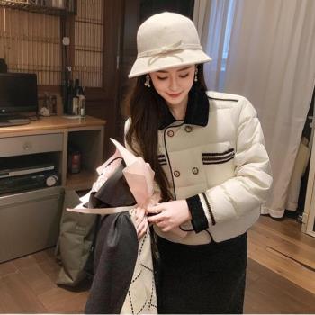 冬季新款小香風棉服外套女超好看短款拼色雙排扣麵包服大衣潮