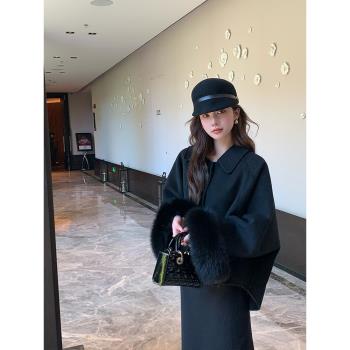 時間煮雪~雙面羊絨大衣短款狐貍毛斗篷羊毛呢外套女2024秋冬新款