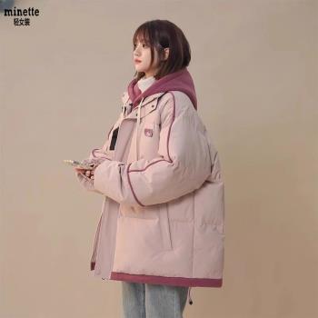 森馬旗下minette連帽棉服女大碼寬松保暖棉衣學院風假兩件棉外套