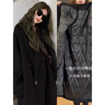 黑色羽絨服內膽呢子大衣女中長款2024新款冬季寬松毛呢外套小個子