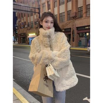 高階感立領羊羔毛外套女冬季寬松仿兔毛環保皮草加厚保暖棉服大衣