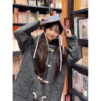 灰色羊毛羊絨牛角扣大衣女秋冬季2024新款加厚羽絨服內膽毛呢外套
