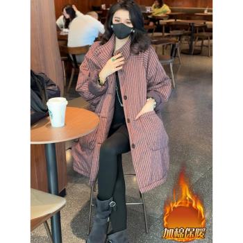 紅色寬松加厚中長款豎條紋棉衣棉服女2024新款秋冬夾棉風衣外套