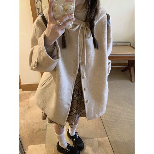 連帽系帶斗篷毛呢外套女秋冬高級感寬松加厚夾棉中長款呢子大衣女