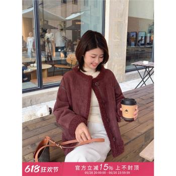 紫璐萊雙面輕暖~正反兩面穿皮毛一體羊羔絨百搭圓領外套女冬748X