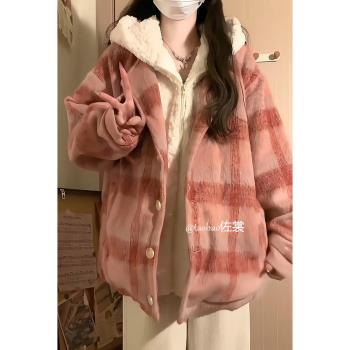美式復古連帽假兩件格子棉服棉衣女冬季2024年新款高階感加厚外套