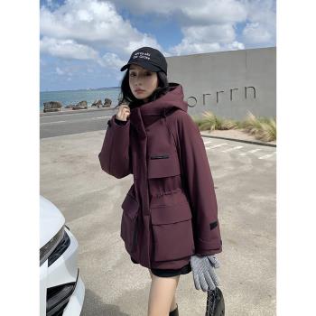 棉服女派克服沖鋒衣2025年冬季新款工裝收腰連帽加厚外套棉衣棉襖