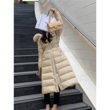 2024新款狐貍毛領90白鴨絨羽絨服女長款收腰小眾時尚加厚寬松外套