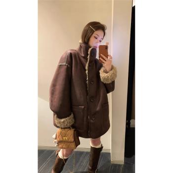 黑哥冬季新款兩面穿皮毛一體機車服外套女保暖加厚美拉德穿搭上衣