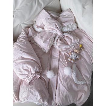 刺繡蝴蝶結圍巾棉服女冬季加厚保暖甜美學院風棉衣小個子棉襖外套