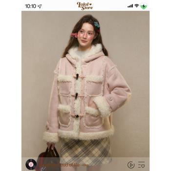 LOLOL ® 2024冬新款麂皮絨皮毛一體羊羔毛外套女連帽牛角扣棉服