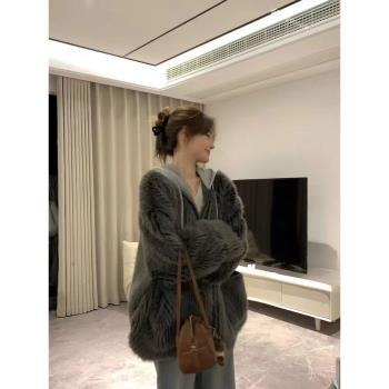 Ssman 皮毛一體連帽短外套女冬季加厚新款兩穿設計感保暖毛毛上衣