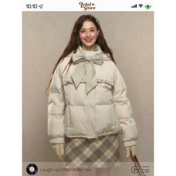 LOLOL 2024冬季新款短款立領連帽羽絨服女蝴蝶結綁帶保暖厚外套厚
