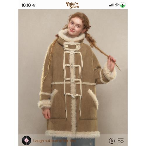 LOLOL 2024冬皮毛一體羊羔毛大衣女中長款牛角扣麂皮絨棉服外套厚