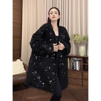 高階感閃閃亮片刺繡V領小香風外套中長款秋冬夾棉西服大衣女加厚