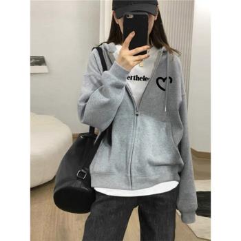 女士衛衣外套女款春秋拉鏈韓系慵懶風厚連帽灰色開衫新款秋季上衣