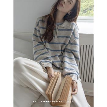 VNOOK polo領羊毛混紡條紋套頭毛衣女秋冬寬松翻領半拉鏈針織外套